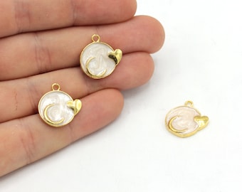 15 x 17 mm 24k glänzend vergoldete weiße Emaille Mond mit Herz Anhänger, Medaillon Mond Anhänger, himmlische Anhänger, Goldanhänger, vergoldetes Zubehör