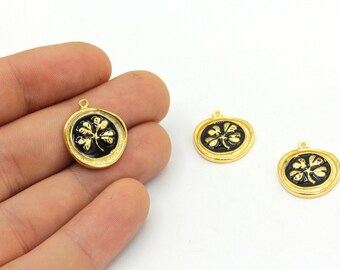 17x19mm 24k Shiny Gold Plated Clover Charm, Black Enamel Clover Pendant, Round Clover Pendant, Gold Clover Charm, Gold Plated Findings