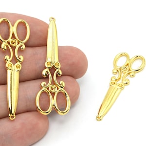 49x17mm 24k Shiny Gold Plated Scissors Charm, Scissors Pendant, Barber Scissors Pendant, Bracelet Connector, Brass Findings, GLD493