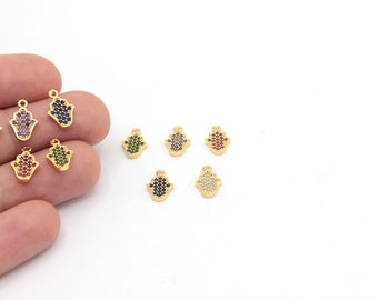 Colgantes de Hamsa con micropavé de circonitas cúbicas bañados en oro brillante de 24 k (7 x 11 mm), pequeños dijes de Hamsa, colgante de mano dorada, dije de pulsera de Hamsa, colgante bañado en oro
