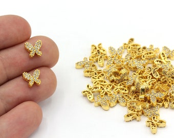 7 x 8 mm 24k glänzend vergoldet Micro Pave Schmetterling Armband Charms, Zirkonia Perlen, kleine Goldperlen, Goldarmband Charms, Goldperlen