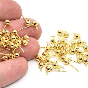 10 tiges d'oreilles boule 4 mm plaqué or brillant 24 carats, boucle d'oreille en acier inoxydable, clous d'oreilles boule, accessoires de boucles d'oreilles en or, fournisseur de bijoux, JM065