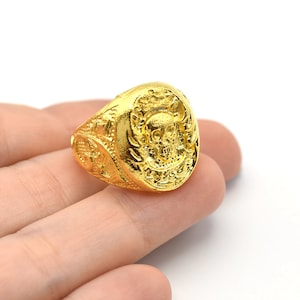 24K Shiny Gold Plated Adjustable Domed Skull Ring, Boho Ring, Jewelry Ring, Wholesale Ring, Brass Ring Findings, Bohem Ring