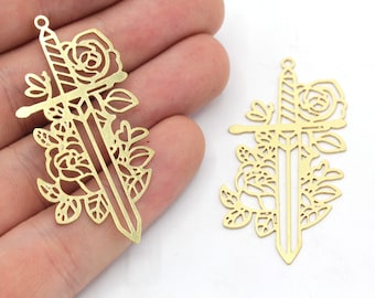 25x51mm Raw Brass Sword with Rose Charm, Brass Sword Pendant, Brass Long Sword Charm, Brass Charm Earrings, Laser Cut Charm, Brass Findings