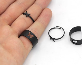 Black Plated Butterfly Couple Rings, Black Lover Rings, Black Tiny Rings, Matching Lover Rings, Ring Set, Black Couples Ring, Black Ring