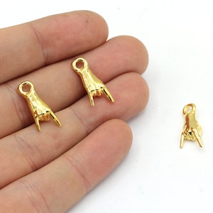 8x18mm 24k Shiny Gold Plated Rock n Roll Hand Charm, Gold Hand Pendant, Rock on Hand Charm, Hand Charm, Hand Gesture Charm, Gold Findings