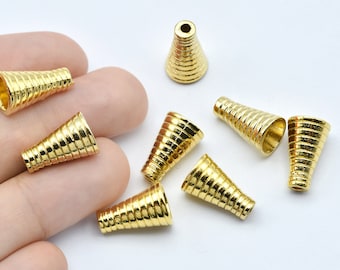 10 x 16 mm 24k glänzende vergoldete strukturierte Kegelkappen, Quaste Kegelkappe, vergoldete Kegelperlen, vergoldetes Zubehör, Großhandelslieferant