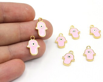10x15mm  24k Shiny Gold Plated Hamsa Charms, Pink Enamel Hamsa, Fatima Hand Charms, Hamsa Evil Eye Charms, Gold Plated Pendant
