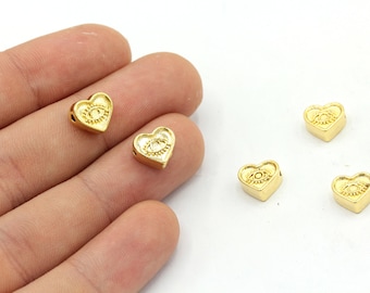8x9mm 24k Shiny Gold Plated Heart with Evil Eye Beads, Heart Bracelet Charm, Mini Heart Beads, Heart Spacer Beads, Gold Plated Findings