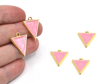 May include: Pink and gold triangle charms. The charms have a gold-colored frame with a textured edge and a small loop at the top. The inside of the triangle is filled with a pink, swirled enamel.
