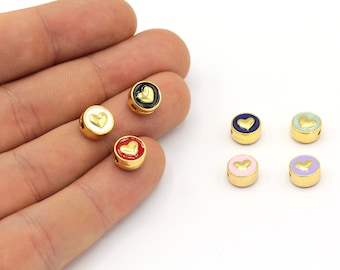 8mm 24k Shiny Gold Plated Enamel Heart Beads, Heart Spacer Beads, Bracelet Charm, Heart Beads, Gold Heart Beads, Gold Plated Findings