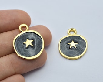 20x25mm Gold Plated Black Enamel Star Charm, Round Medallion Charm with Star, Pendants for Necklace, Celestial Findings, GLD022