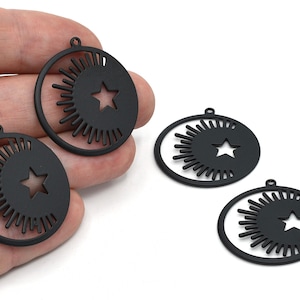 28x25mm Black Plated Crescent Moon and Stars Blank Charm, Fascino medaglione rotondo con Mezzaluna e Stelle, Risultati Celesti, All'ingrosso, 325