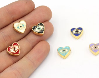 11mm 24k Shiny Gold Large Heart Beads, Enamel Evil Eye Heart Beads, Bracelet Connector, Heart Bracelet, Heart Spacer Beads, Gold Findings