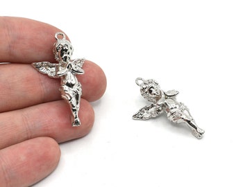19x38mm Rhodium Plated 3D Baby Angel Pendant, Cherub Necklace Pendant, Angel Charm, Winged Baby Angel Pendant, Baby Guardian Angel Charm