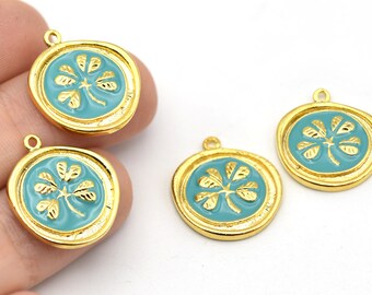 17x19mm 24k Shiny Gold Plated Clover Charm, Green Enamel Clover Pendant, Round Clover Pendant, Gold Clover Charm, Gold Plated Findings