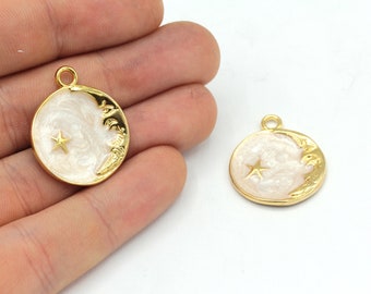 22 x 25 mm 24k glänzend vergoldet Mond mit Stern Charme, Weiß Emaille Charme, Halbmond Charme, Mond Charme, himmlischen Charme, vergoldete Zubehör