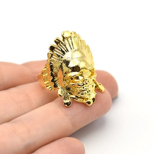 24K Shiny Gold Plated Adjustable Indian Skull Ring, Boho Ring, Jewelry Ring, Wholesale Ring, Brass Ring Findings, Bohem Ring