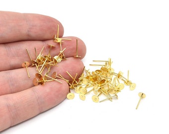 10 Pcs 6mm 24k Shiny Gold Plated Earring Studs, Brass Earring Stud, Gold Earring Findings,Flat Stud, Flat Pad Earring Posts, Ear Posts JM069