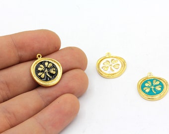 17x19mm 24k Shiny Gold Plated Clover Charm, Enamel Clover Pendant, Round Clover Charm, Gold Clover Charm, Coin Clover, Gold Plated Findings
