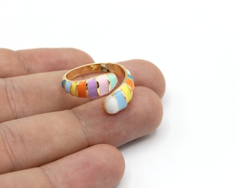 16-17mm 24k Shiny Gold Plated Adjustable Colorful Rings, Enamel Loop Rings, Gold Tiny Rings, Gold Plated Rings, Enamel Rings, Summer Rings