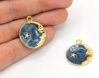 22 x 25 mm 24k glänzend vergoldeter Mond mit Stern Charm, marineblauer Emaille Charm, Halbmond Charm, himmlischer Charm, vergoldetes Zubehör