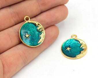 22 x 25 mm 24k glänzend vergoldeter Mond mit Stern Charm, grüner Emaille Charm, Halbmond Charm, Mond Charm, himmlischer Charm, vergoldetes Zubehör