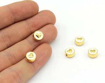 8mm 24k Shiny Gold Plated White Enamel Heart Beads, Heart Spacer Beads, Bracelet Charm, Heart Beads, Gold Heart Beads, Gold Plated Findings