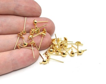 10 clous de boucles d'oreilles 4 mm en plaqué or brillant 24 carats, cosses de boucles d'oreilles en or, accessoires de boucles d'oreilles en or, coussinets d'oreille boule en or, clous d'oreilles, EAG029