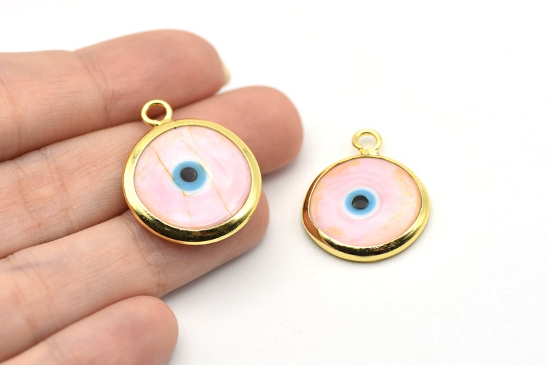 Pendants for Necklace 22x27mm 24k Shiny Gold Plated Pink Enamel Evil Eyes Charm Mini Round Evil Eye Charm Evil Eye Pendants GLD045
