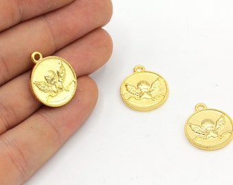 17x20mm 24k Shiny Gold Plated Baby Angel Charm, Gold Angel Pendant, Angel Charm, Angel Coin Charm, Baby Angel Charm, Gold Plated Findings