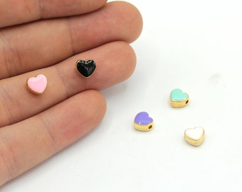 7mm 24k Shiny Gold Plated Enamel Heart Beads, Enamel Beads, Heart Bracelet Beads, Heart Spacer Beads, Bracelet Charm, Gold Plated Findings