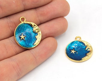 22 x 25 mm 24k glänzend vergoldet Mond mit Stern Charm, Blau Emaille Charme, Halbmond Charme, Mondcharme, himmlischer Charme, vergoldete Zubehoer
