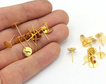 10 Pcs 8mm 24k Shiny Gold Plated Earring Studs, Brass Earring Stud, Gold Earring Findings, Flat Stud, Flat Pad Earring Posts, Ear Posts