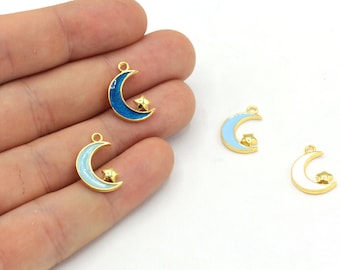 9 x 17 mm 24k glanzend verguld emaille maanbedel, maanarmbandbedel, hemelse bedels, maansikkelbedel, maan met sterbedel, gouden bedel