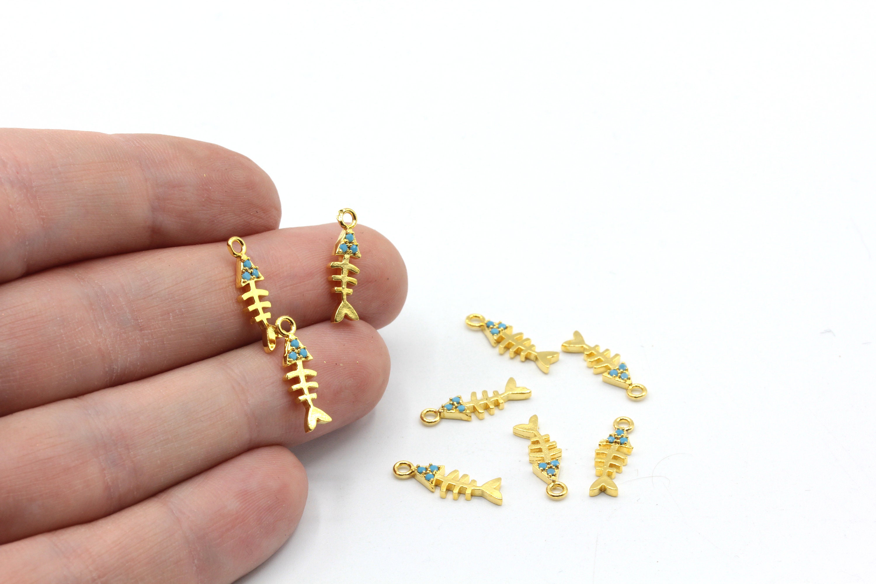Mini Fishbone 5x17mm 24k Shiny Gold Tiny Fishbone Charm, CZ Micro Pave Fishbone Charm ...