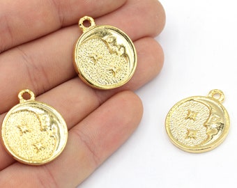 21x25mm 24k Shiny Gold Plated Moon with Star Charm, Crescent Charm, Moon Necklace, Gold Moon Pendant, Celestial Charm, Gold Plated Findings