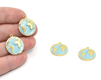 20x22mm 24k Shiny Gold Plated Light Blue Enamel World Traveller Charm, Round Earth Globe Pendant Travel Vacay Coin Medallion World, GLD663