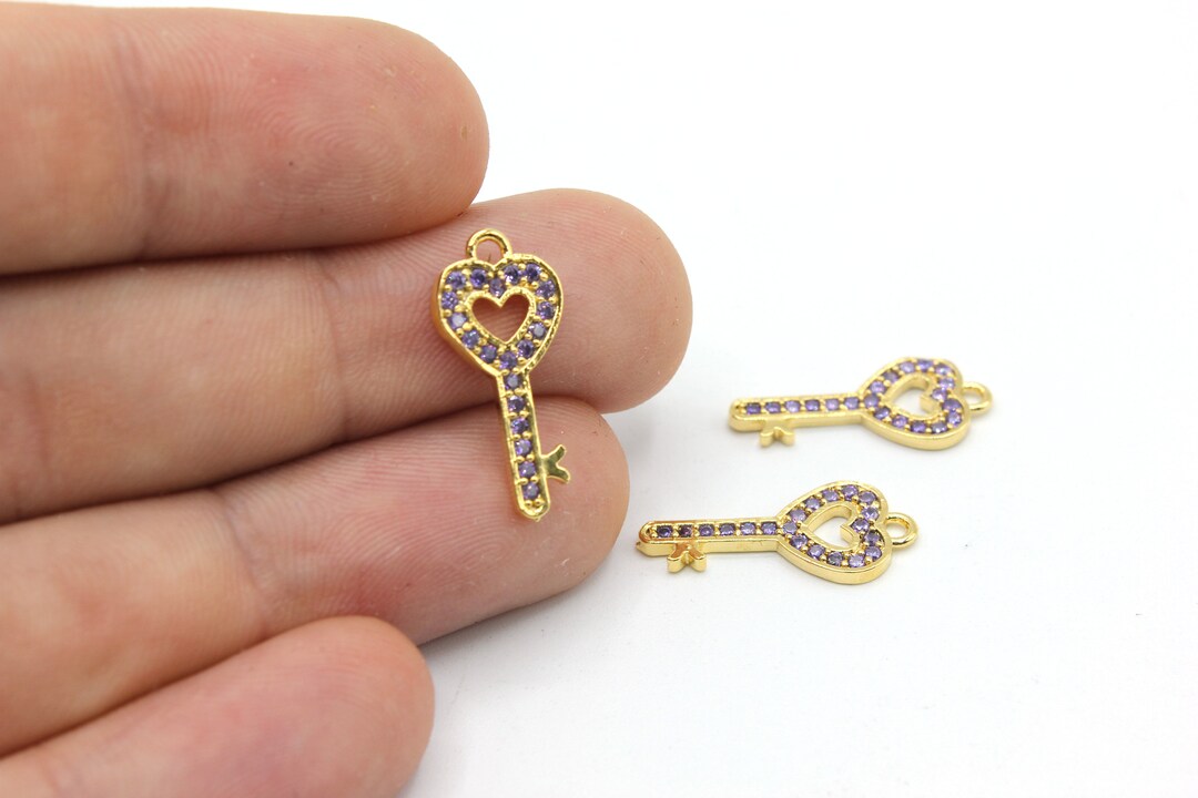 Mini Key Charm 9x19mm 24k Shiny Gold Plated CZ Micro Pave Key Pendants, Gold Key ...