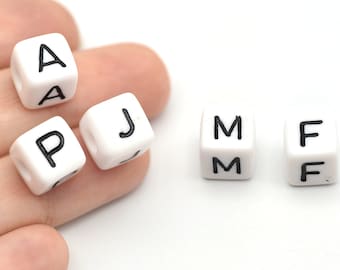 9.5x10mm Black Alphabet White Acrylic Letter Beads, White Acrylic Beads, Acrylic White Letters Beads, ABC Letter Beads, Name Beads