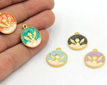 17x20mm 24k Shiny Gold Plated Enamel Baby Angel Charm, Gold Angel Pendant, Enamel Angel Charm, Baby Angel Charm, Gold Plated Findings