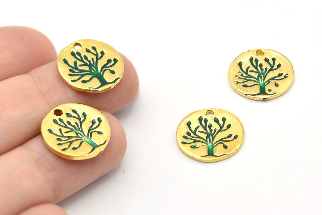 15mm 24k Shiny Gold Tree of Life Charm, Green Enamel Tree of Life ...