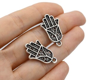 25x15mm Antique Silver Hamsa Pendant, Fatima Hand Charms, Hamsa Necklace, Hamsa Charms, Antique  Hamsa Charms, Silver Plated Findings