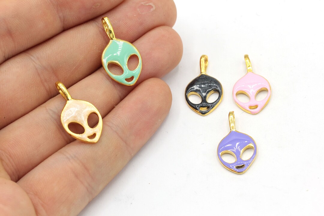 12x23mm 24k Shiny Gold Plated Enamel Alien Charm, Alien Head Charm, UFO ...
