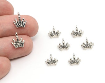May include: Small silver-colored crown charms with black accents. The charms have a loop at the top for attaching to jewelry. Several charms are scattered on a white surface, with two held in a hand.