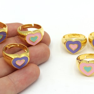 16-17mm 24k Shiny Gold Plated Adjustable Heart Rings, Enamel Heart Rings, Gold Tiny Rings, Gold Plated Rings, Enamel Rings, Summer Rings