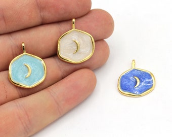 18 x 21 mm 24k glänzend vergoldete Emaille Mond Anhänger, Gold Mond Anhänger, Halbmond Anhänger, Mond Anhänger, Emaille Mond Halskette, Halsketten-Charms