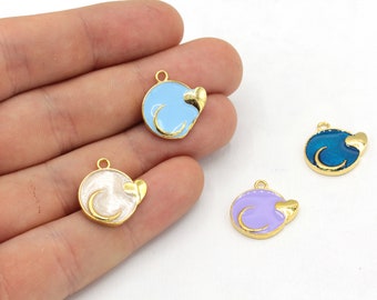 15 x 17 mm 24k glänzend vergoldeter Emaille Mond mit Herz Anhänger, runder Mond Anhänger, himmlische Anhänger, Medaillon Anhänger, Gold Anhänger, Gold Zubehör