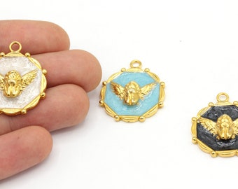 Pingente de anjo banhado a ouro brilhante 24k de 24 x 29 mm, pingente de anjo esmaltado, pingente de medalhão de anjo, pingente de moeda de anjo, pingente de esmalte, detalhes banhados a ouro