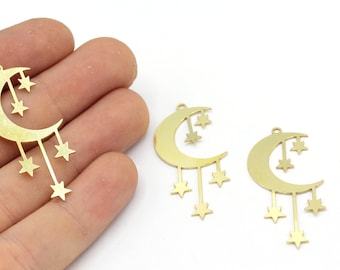 20 x 42 mm Rohmessing Mond mit Stern Charm, Messing Mond Anhänger, himmlischer Charm, Messing Charm Ohrringe, Laser Cut Charm, Messing Zubehör